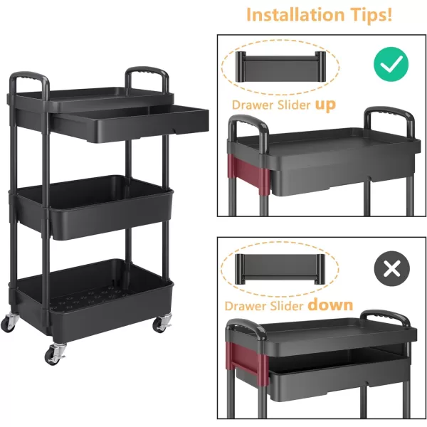 Calmootey 5Tier Rolling Utility Cart with DrawerMultifunctional Storage Organizer with Plastic Shelf ampamp Metal WheelsStorage Cart for KitchenBathroomLiving RoomOfficeBlackBlack