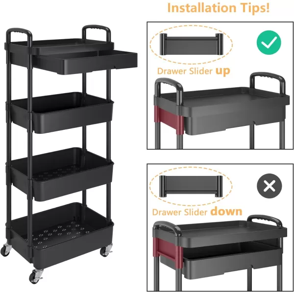 Calmootey 5Tier Rolling Utility Cart with DrawerMultifunctional Storage Organizer with Plastic Shelf ampamp Metal WheelsStorage Cart for KitchenBathroomLiving RoomOfficeBlackBlack