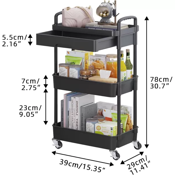 Calmootey 5Tier Rolling Utility Cart with DrawerMultifunctional Storage Organizer with Plastic Shelf ampamp Metal WheelsStorage Cart for KitchenBathroomLiving RoomOfficeBlackBlack