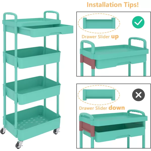 Calmootey 5Tier Rolling Utility Cart with DrawerMultifunctional Storage Organizer with Plastic Shelf ampamp Metal WheelsStorage Cart for KitchenBathroomLiving RoomOfficeBlackGreen