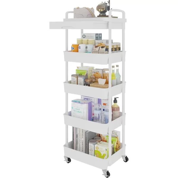 Calmootey 5Tier Rolling Utility Cart with DrawerMultifunctional Storage Organizer with Plastic Shelf ampamp Metal WheelsStorage Cart for KitchenBathroomLiving RoomOfficeBlackWhite