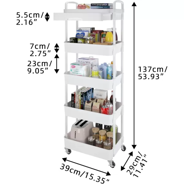 Calmootey 5Tier Rolling Utility Cart with DrawerMultifunctional Storage Organizer with Plastic Shelf ampamp Metal WheelsStorage Cart for KitchenBathroomLiving RoomOfficeBlackWhite