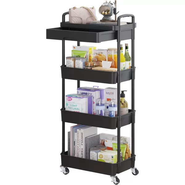 Calmootey 5Tier Rolling Utility Cart with DrawerMultifunctional Storage Organizer with Plastic Shelf ampamp Metal WheelsStorage Cart for KitchenBathroomLiving RoomOfficeBlackBlack