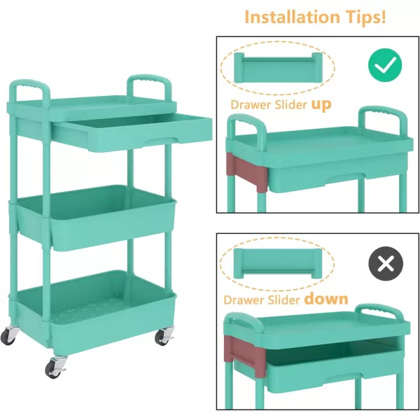 Calmootey 5Tier Rolling Utility Cart with DrawerMultifunctional Storage Organizer with Plastic Shelf ampamp Metal WheelsStorage Cart for KitchenBathroomLiving RoomOfficeBlackGreen