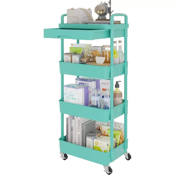 Calmootey 5Tier Rolling Utility Cart with DrawerMultifunctional Storage Organizer with Plastic Shelf ampamp Metal WheelsStorage Cart for KitchenBathroomLiving RoomOfficeBlackGreen