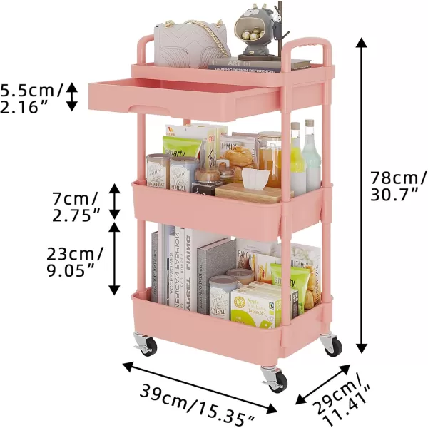 Calmootey 5Tier Rolling Utility Cart with DrawerMultifunctional Storage Organizer with Plastic Shelf ampamp Metal WheelsStorage Cart for KitchenBathroomLiving RoomOfficeBlackPink