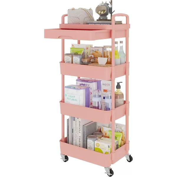 Calmootey 5Tier Rolling Utility Cart with DrawerMultifunctional Storage Organizer with Plastic Shelf ampamp Metal WheelsStorage Cart for KitchenBathroomLiving RoomOfficeBlackPink