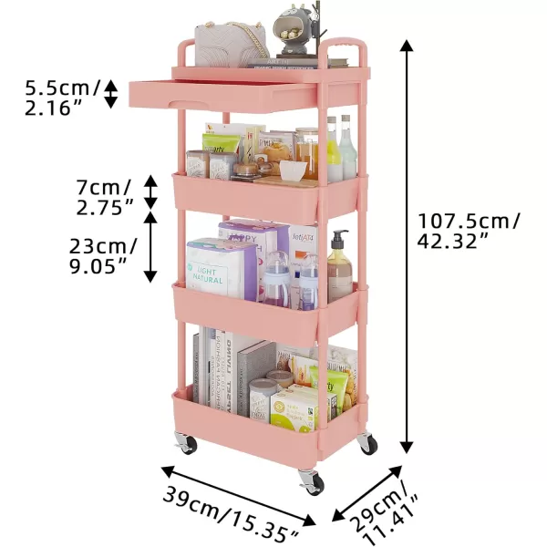 Calmootey 5Tier Rolling Utility Cart with DrawerMultifunctional Storage Organizer with Plastic Shelf ampamp Metal WheelsStorage Cart for KitchenBathroomLiving RoomOfficeBlackPink