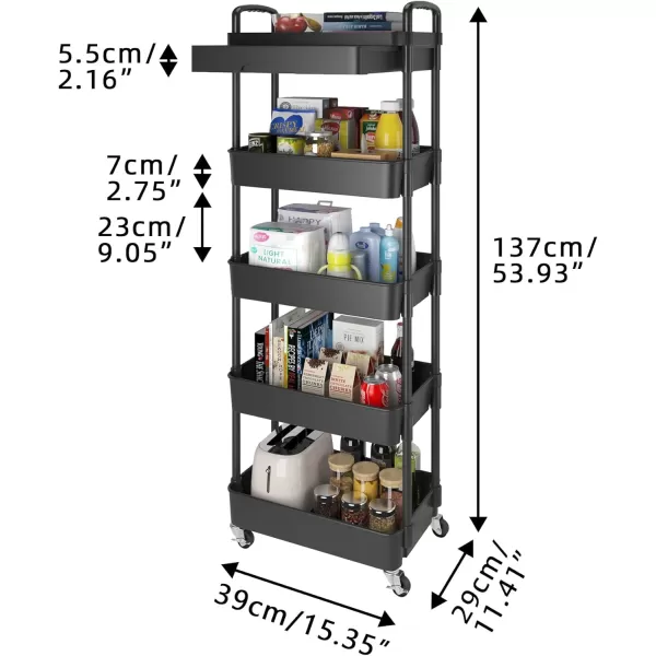 Calmootey 5Tier Rolling Utility Cart with DrawerMultifunctional Storage Organizer with Plastic Shelf ampamp Metal WheelsStorage Cart for KitchenBathroomLiving RoomOfficeBlackBlack