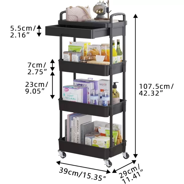 Calmootey 5Tier Rolling Utility Cart with DrawerMultifunctional Storage Organizer with Plastic Shelf ampamp Metal WheelsStorage Cart for KitchenBathroomLiving RoomOfficeBlackBlack