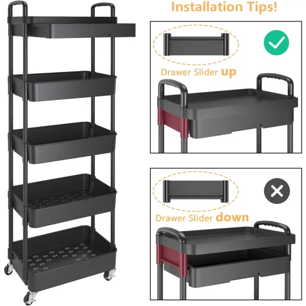 Calmootey 5Tier Rolling Utility Cart with DrawerMultifunctional Storage Organizer with Plastic Shelf ampamp Metal WheelsStorage Cart for KitchenBathroomLiving RoomOfficeBlackBlack