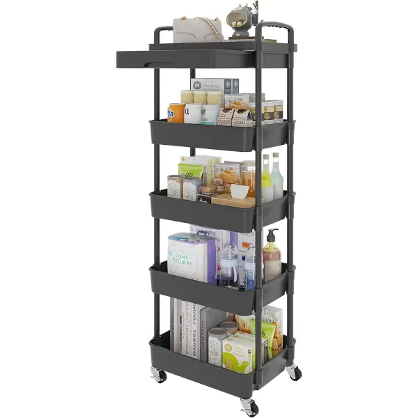 Calmootey 5Tier Rolling Utility Cart with DrawerMultifunctional Storage Organizer with Plastic Shelf ampamp Metal WheelsStorage Cart for KitchenBathroomLiving RoomOfficeBlackBlack