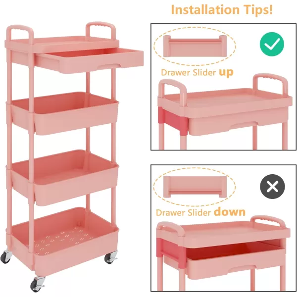 Calmootey 5Tier Rolling Utility Cart with DrawerMultifunctional Storage Organizer with Plastic Shelf ampamp Metal WheelsStorage Cart for KitchenBathroomLiving RoomOfficeBlackPink