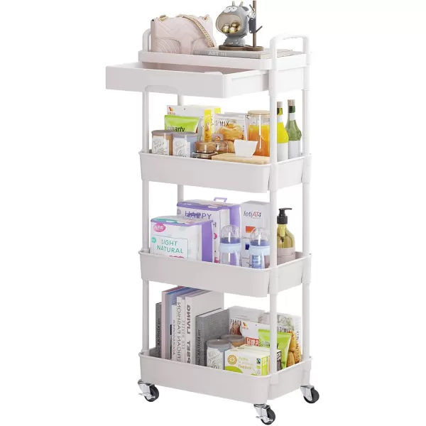 Calmootey 5Tier Rolling Utility Cart with DrawerMultifunctional Storage Organizer with Plastic Shelf ampamp Metal WheelsStorage Cart for KitchenBathroomLiving RoomOfficeBlackWhite