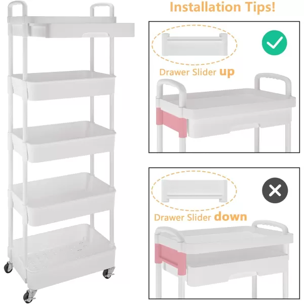 Calmootey 5Tier Rolling Utility Cart with DrawerMultifunctional Storage Organizer with Plastic Shelf ampamp Metal WheelsStorage Cart for KitchenBathroomLiving RoomOfficeBlackWhite