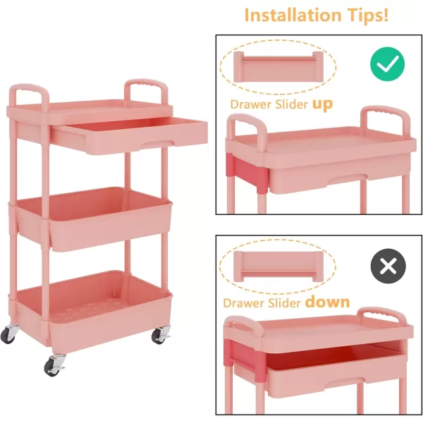 Calmootey 5Tier Rolling Utility Cart with DrawerMultifunctional Storage Organizer with Plastic Shelf ampamp Metal WheelsStorage Cart for KitchenBathroomLiving RoomOfficeBlackPink