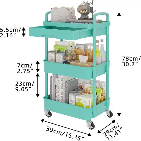 Calmootey 5Tier Rolling Utility Cart with DrawerMultifunctional Storage Organizer with Plastic Shelf ampamp Metal WheelsStorage Cart for KitchenBathroomLiving RoomOfficeBlackGreen