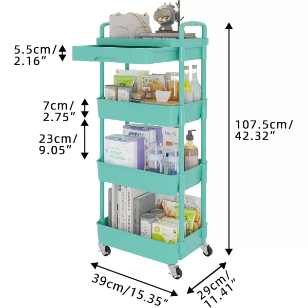 Calmootey 5Tier Rolling Utility Cart with DrawerMultifunctional Storage Organizer with Plastic Shelf ampamp Metal WheelsStorage Cart for KitchenBathroomLiving RoomOfficeBlackGreen