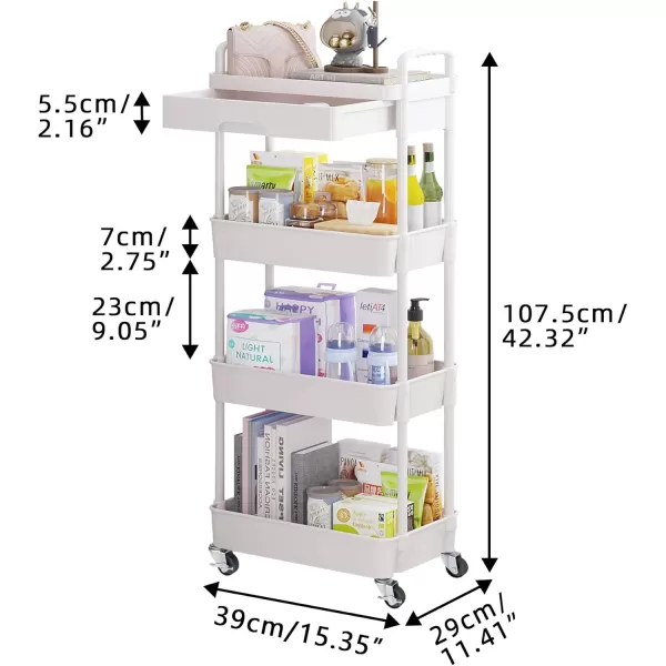 Calmootey 5Tier Rolling Utility Cart with DrawerMultifunctional Storage Organizer with Plastic Shelf ampamp Metal WheelsStorage Cart for KitchenBathroomLiving RoomOfficeBlackWhite