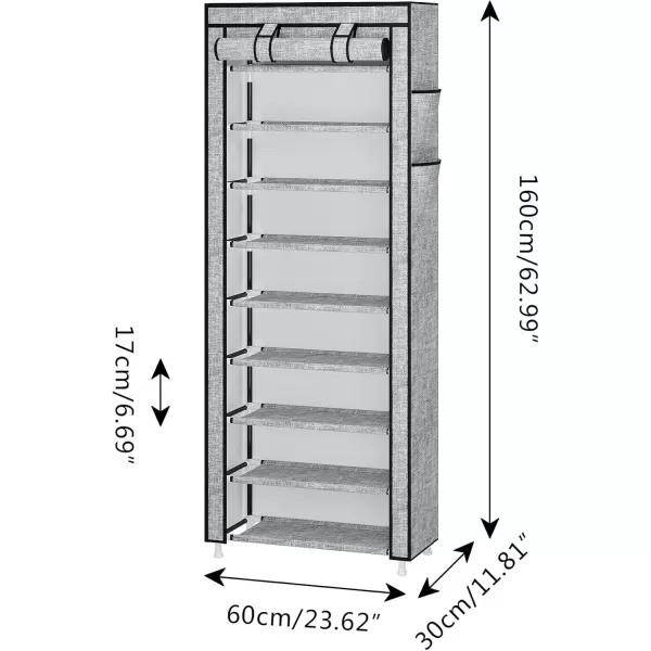 Calmootey 9 Tier Shoe Rack OrganizerPortable Shoe Shelf with Nonwoven Fabric Cover for Closet HallwayBedroomEntrywayGreyAsh Grey