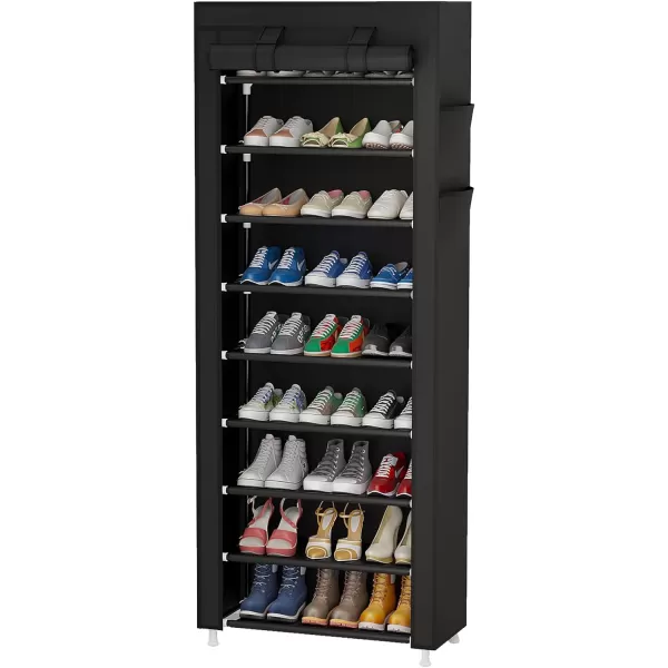 Calmootey 9 Tier Shoe Rack OrganizerPortable Shoe Shelf with Nonwoven Fabric Cover for Closet HallwayBedroomEntrywayGreyBlack