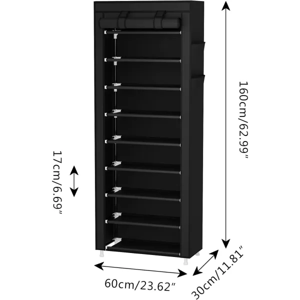 Calmootey 9 Tier Shoe Rack OrganizerPortable Shoe Shelf with Nonwoven Fabric Cover for Closet HallwayBedroomEntrywayGreyBlack