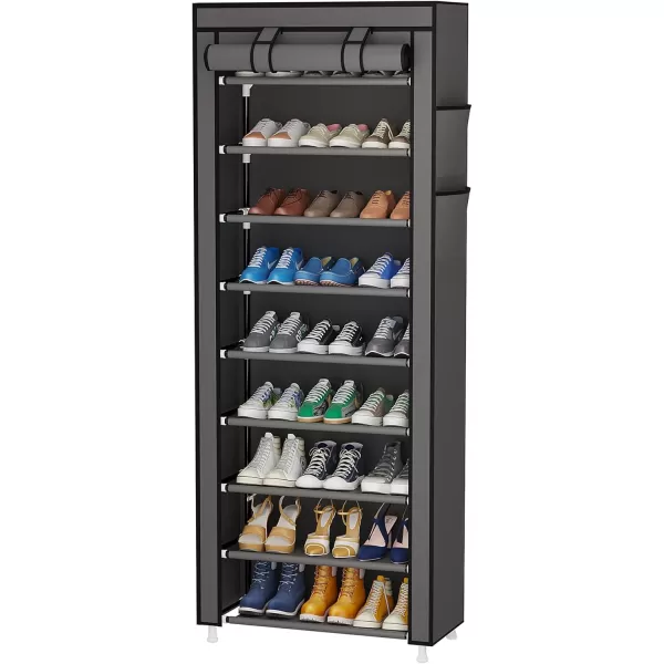 Calmootey 9 Tier Shoe Rack OrganizerPortable Shoe Shelf with Nonwoven Fabric Cover for Closet HallwayBedroomEntrywayGreyGrey