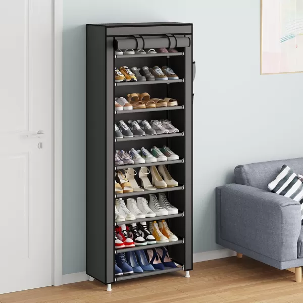 Calmootey 9 Tier Shoe Rack OrganizerPortable Shoe Shelf with Nonwoven Fabric Cover for Closet HallwayBedroomEntrywayGreyGrey