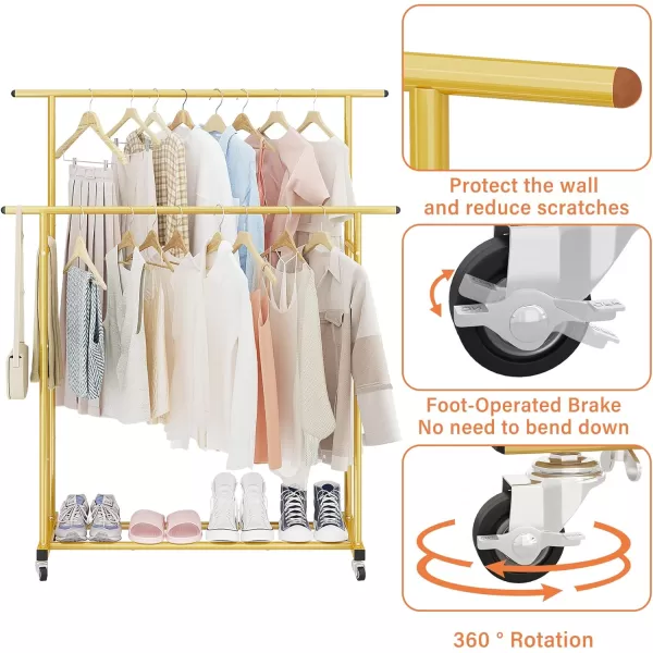 Calmootey Double Rod Clothing Garment RackRolling Hanging Clothes RackPortable Clothes Organizer for BedroomLiving RoomClothing StoreWhiteGold