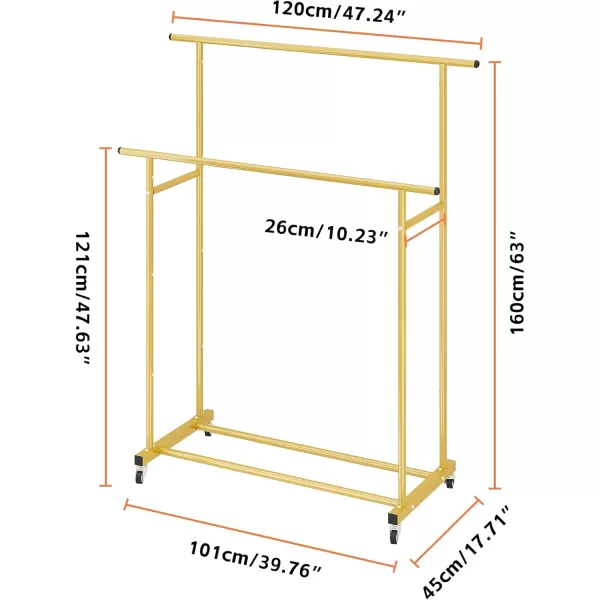 Calmootey Double Rod Clothing Garment RackRolling Hanging Clothes RackPortable Clothes Organizer for BedroomLiving RoomClothing StoreWhiteGold