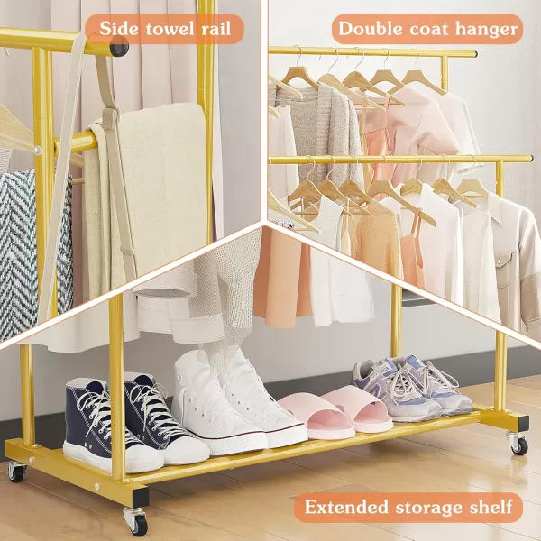 Calmootey Double Rod Clothing Garment RackRolling Hanging Clothes RackPortable Clothes Organizer for BedroomLiving RoomClothing StoreWhiteGold