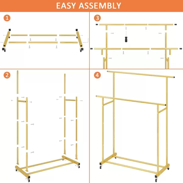 Calmootey Double Rod Clothing Garment RackRolling Hanging Clothes RackPortable Clothes Organizer for BedroomLiving RoomClothing StoreWhiteGold