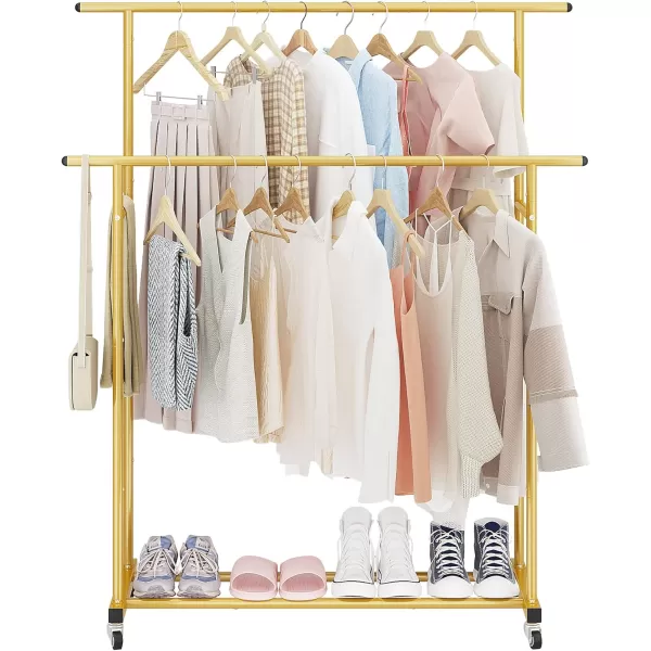 Calmootey Double Rod Clothing Garment RackRolling Hanging Clothes RackPortable Clothes Organizer for BedroomLiving RoomClothing StoreWhiteGold