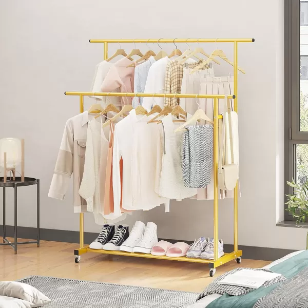 Calmootey Double Rod Clothing Garment RackRolling Hanging Clothes RackPortable Clothes Organizer for BedroomLiving RoomClothing StoreWhiteGold