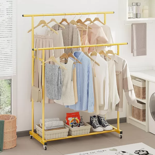 Calmootey Double Rod Clothing Garment RackRolling Hanging Clothes RackPortable Clothes Organizer for BedroomLiving RoomClothing StoreWhiteGold