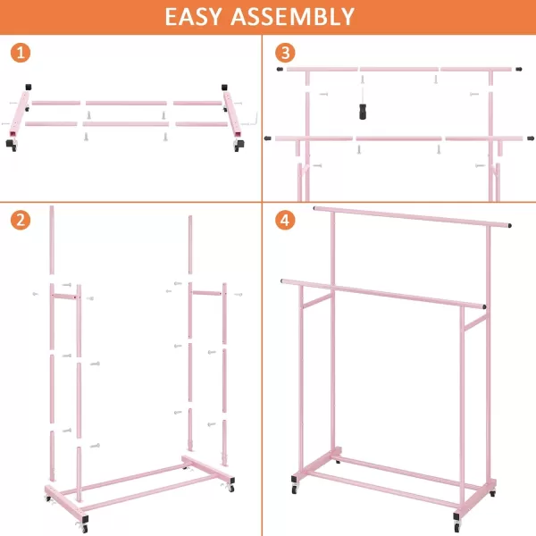 Calmootey Double Rod Clothing Garment RackRolling Hanging Clothes RackPortable Clothes Organizer for BedroomLiving RoomClothing StoreWhitePink