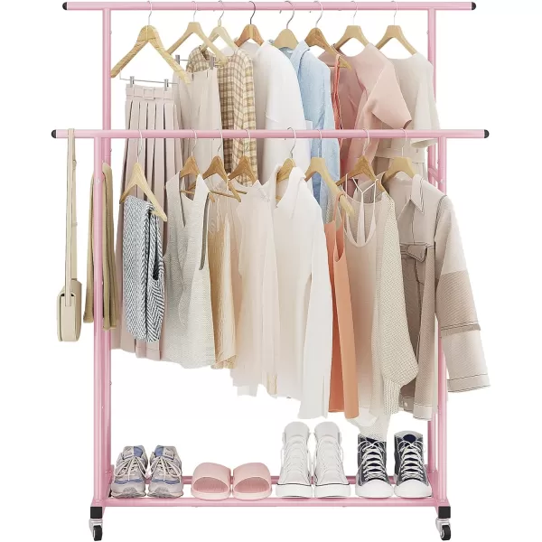 Calmootey Double Rod Clothing Garment RackRolling Hanging Clothes RackPortable Clothes Organizer for BedroomLiving RoomClothing StoreWhitePink