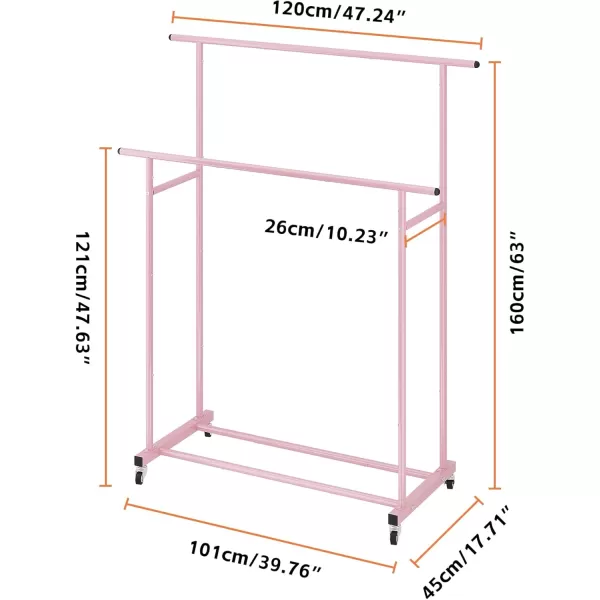 Calmootey Double Rod Clothing Garment RackRolling Hanging Clothes RackPortable Clothes Organizer for BedroomLiving RoomClothing StoreWhitePink