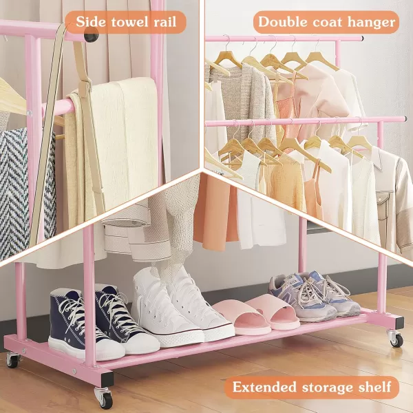 Calmootey Double Rod Clothing Garment RackRolling Hanging Clothes RackPortable Clothes Organizer for BedroomLiving RoomClothing StoreWhitePink