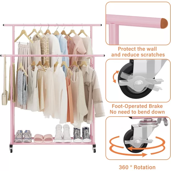 Calmootey Double Rod Clothing Garment RackRolling Hanging Clothes RackPortable Clothes Organizer for BedroomLiving RoomClothing StoreWhitePink