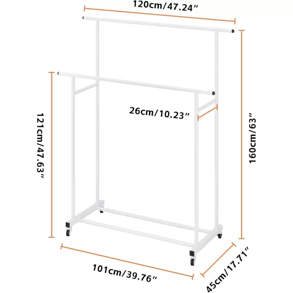 Calmootey Double Rod Clothing Garment RackRolling Hanging Clothes RackPortable Clothes Organizer for BedroomLiving RoomClothing StoreWhiteWhite