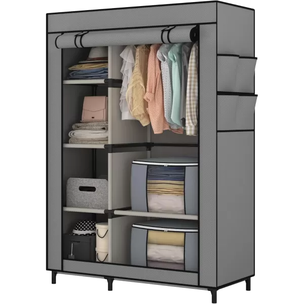 Calmootey Portable Closet Wardrobe with 6 Shelves and Hanging Rod Storage Organizer for Bedroom NonWoven Fabric Cover with 4 Side Pockets Includes 2 Storage Bags for Clothes BlackGrey