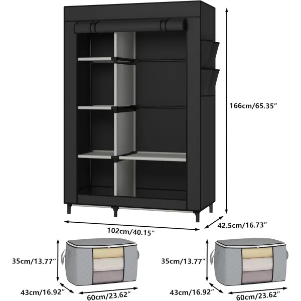 Calmootey Portable Closet Wardrobe with 6 Shelves and Hanging Rod Storage Organizer for Bedroom NonWoven Fabric Cover with 4 Side Pockets Includes 2 Storage Bags for Clothes BlackBlack