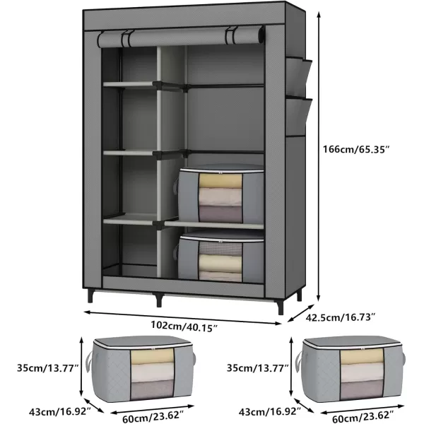 Calmootey Portable Closet Wardrobe with 6 Shelves and Hanging Rod Storage Organizer for Bedroom NonWoven Fabric Cover with 4 Side Pockets Includes 2 Storage Bags for Clothes BlackGrey