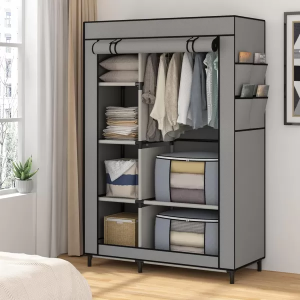 Calmootey Portable Closet Wardrobe with 6 Shelves and Hanging Rod Storage Organizer for Bedroom NonWoven Fabric Cover with 4 Side Pockets Includes 2 Storage Bags for Clothes BlackGrey