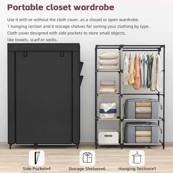 Calmootey Portable Closet Wardrobe with 6 Shelves and Hanging Rod Storage Organizer for Bedroom NonWoven Fabric Cover with 4 Side Pockets Includes 2 Storage Bags for Clothes BlackBlack