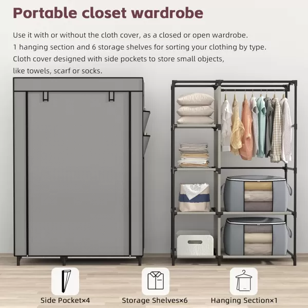 Calmootey Portable Closet Wardrobe with 6 Shelves and Hanging Rod Storage Organizer for Bedroom NonWoven Fabric Cover with 4 Side Pockets Includes 2 Storage Bags for Clothes BlackGrey