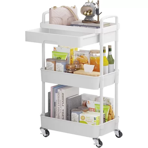 Calmootey 5Tier Rolling Utility Cart with DrawerMultifunctional Storage Organizer with Plastic Shelf ampamp Metal WheelsStorage Cart for KitchenBathroomLiving RoomOfficeBlackWhite