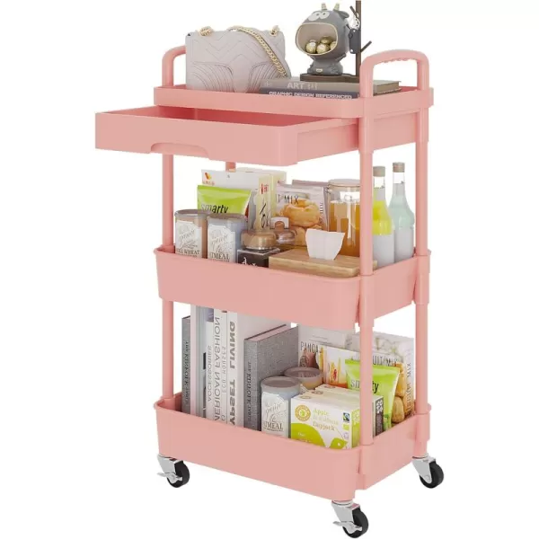 Calmootey 5Tier Rolling Utility Cart with DrawerMultifunctional Storage Organizer with Plastic Shelf ampamp Metal WheelsStorage Cart for KitchenBathroomLiving RoomOfficeBlackPink