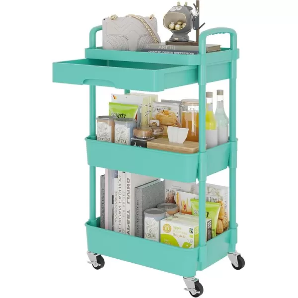 Calmootey 5Tier Rolling Utility Cart with DrawerMultifunctional Storage Organizer with Plastic Shelf ampamp Metal WheelsStorage Cart for KitchenBathroomLiving RoomOfficeBlackGreen